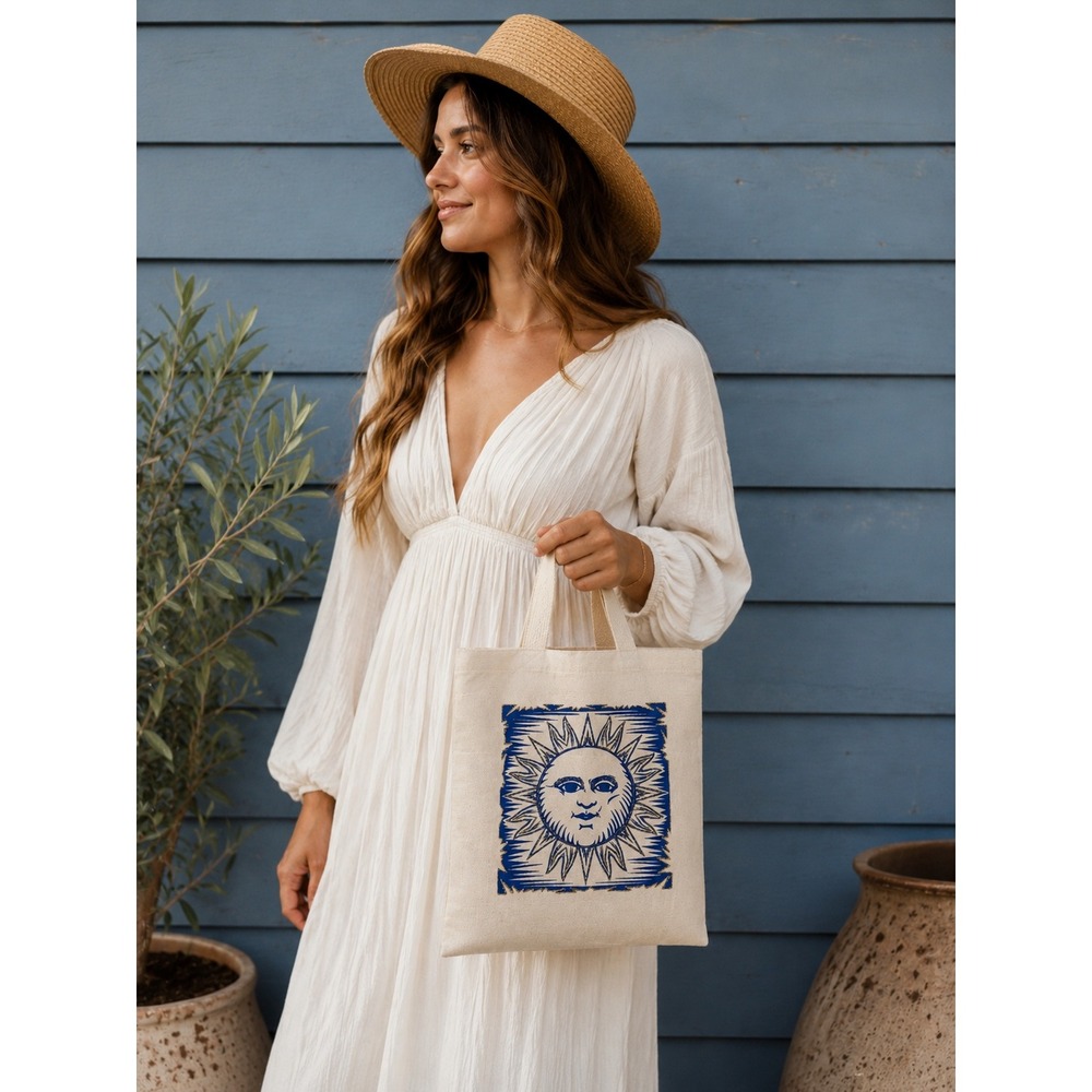 Celestial Sun Canvas Tote Bag Blue Gold‎ Glitter Quilted Pocket Cream Shopper
